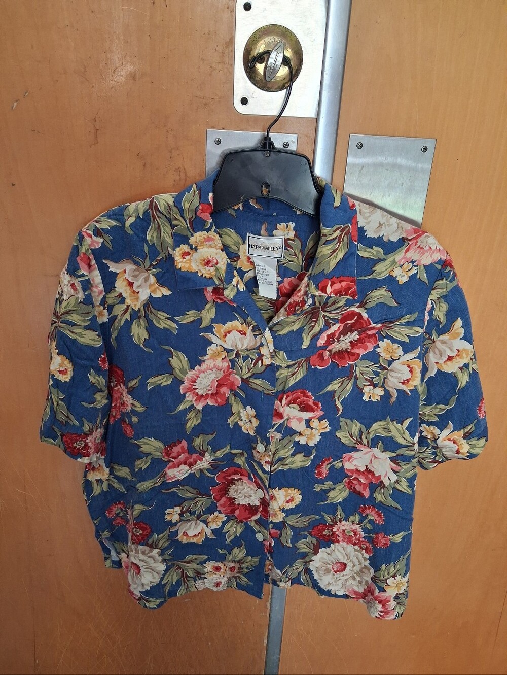 Napa Valley Navy Blue Floral Short-Sleeve Button Shirt Size L